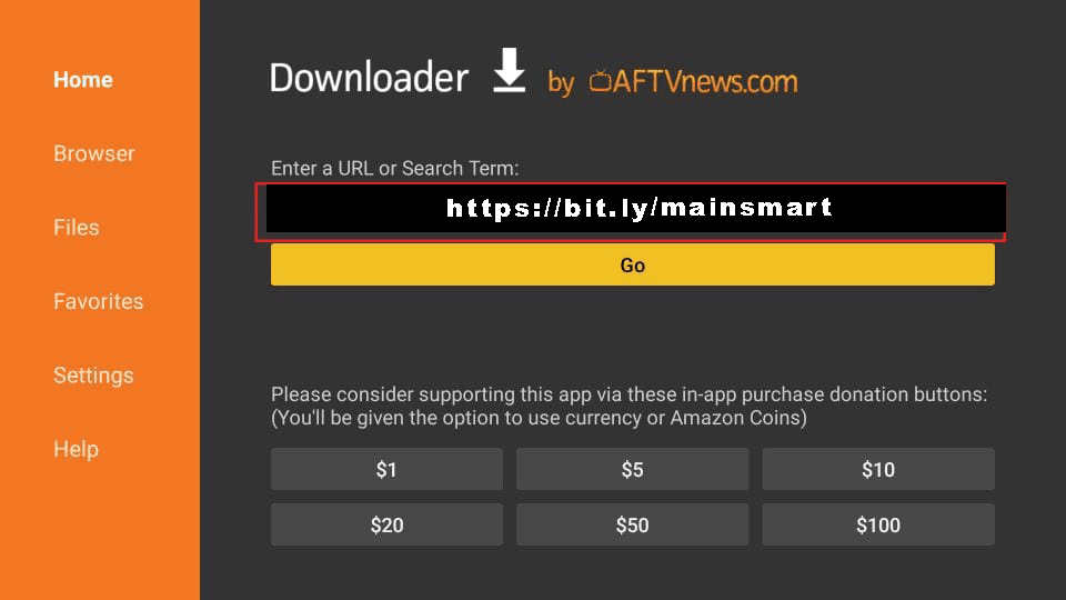 Downloader-app met URL https://bit.ly/mainsmart
